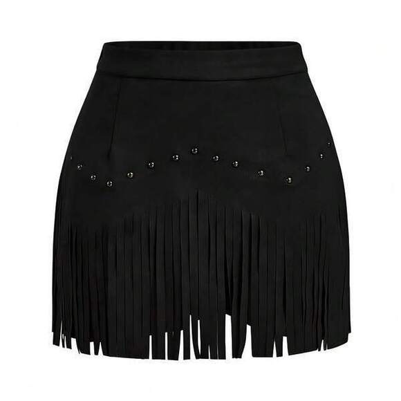 Dresses & Skirts - Women's Vintage Fringe Hem A-Line Skirt - Solid Brown Short Style, Fitted Silhou
